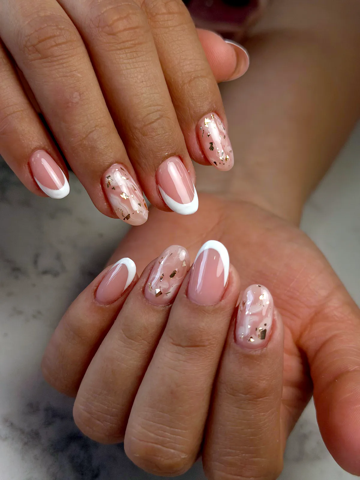 Almond nails alternating white French tips and gold foil, by BeautyFusionClau in Sarasota, Florida