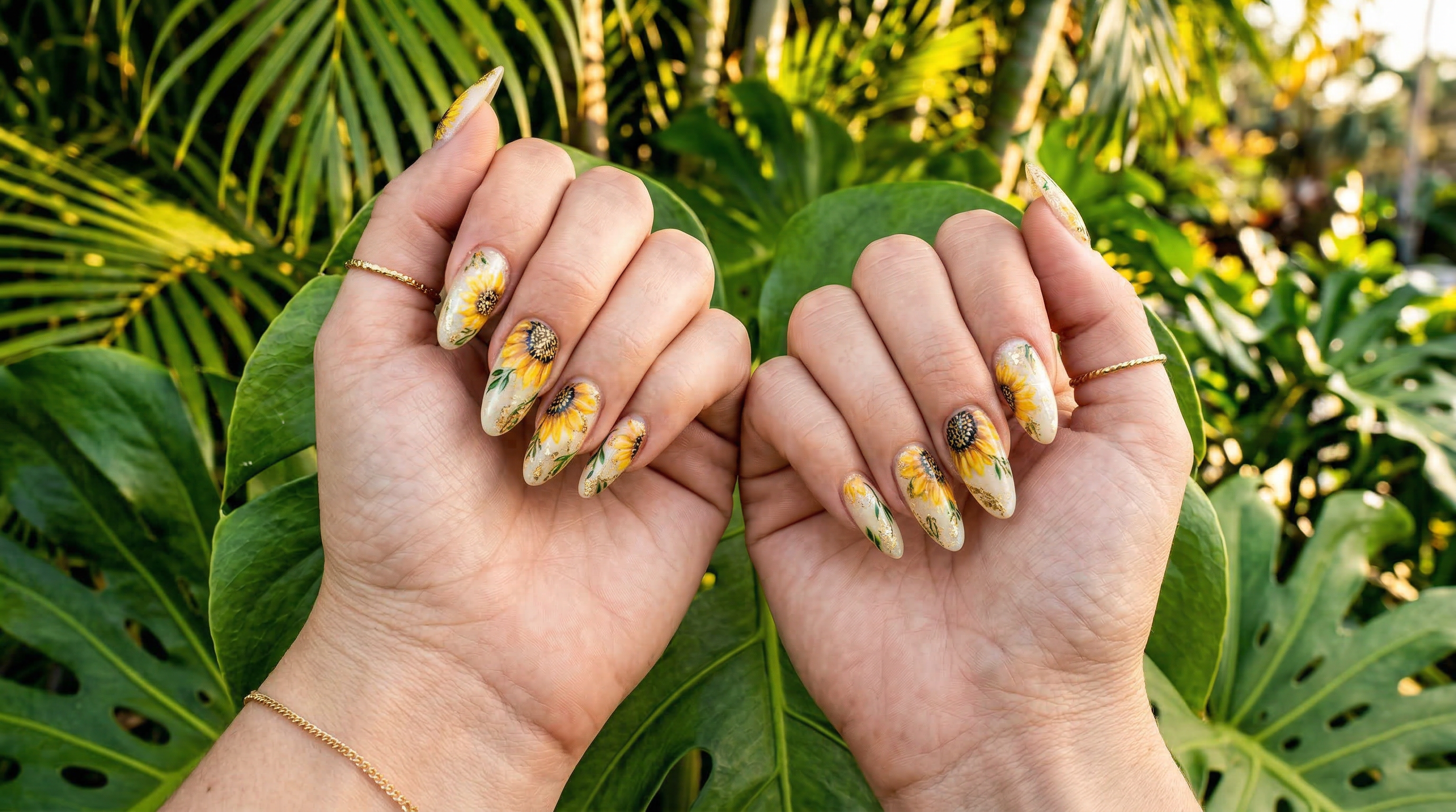 Sunflower nail art with tropical plants